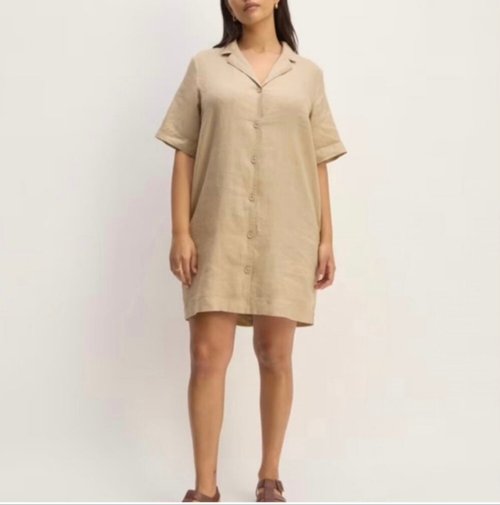 Everlane Linen Button Down Collared Neutral Dress - Picture 2 of 8